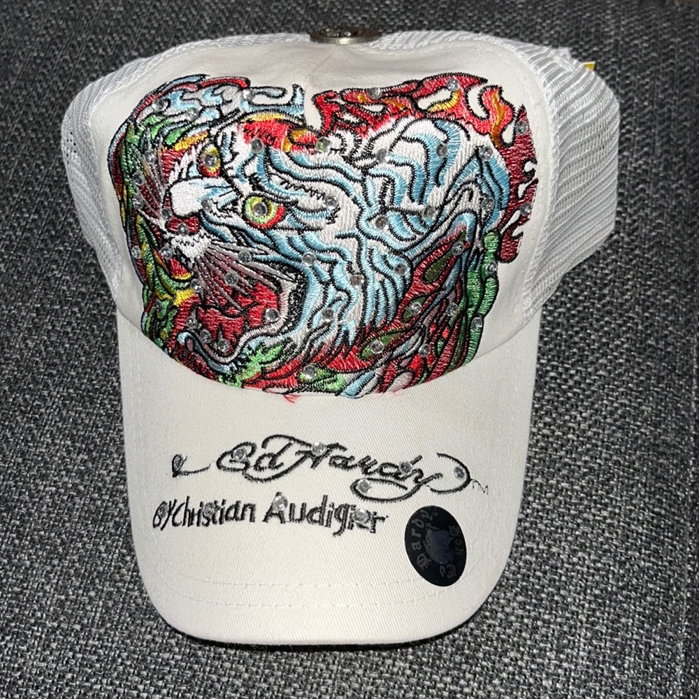 Ed Hardy by Christian Audigier Rhinestone White Tiger Mesh SnapBack Hat